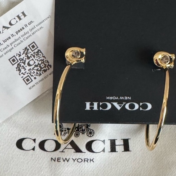COACH GOLD BRASS CRYSTAL LOGO HOOP EARRINGS MEDIUM LARGE - Picture 4 of 7